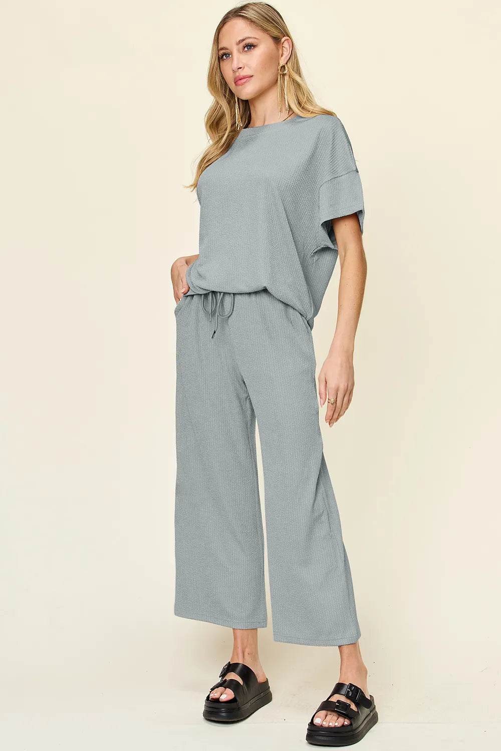 Double Take Full Size Texture Round Neck Short Sleeve T-Shirt and Wide Leg Pants - Tredona LLC