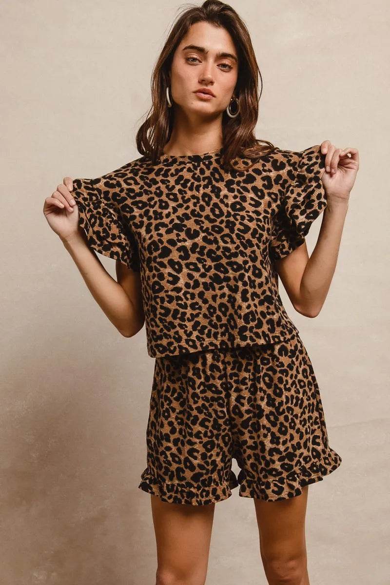 BiBi Leopard Print Waffle Texture Layered Ruffle Sleeve Top and Shorts Set - Tredona LLC