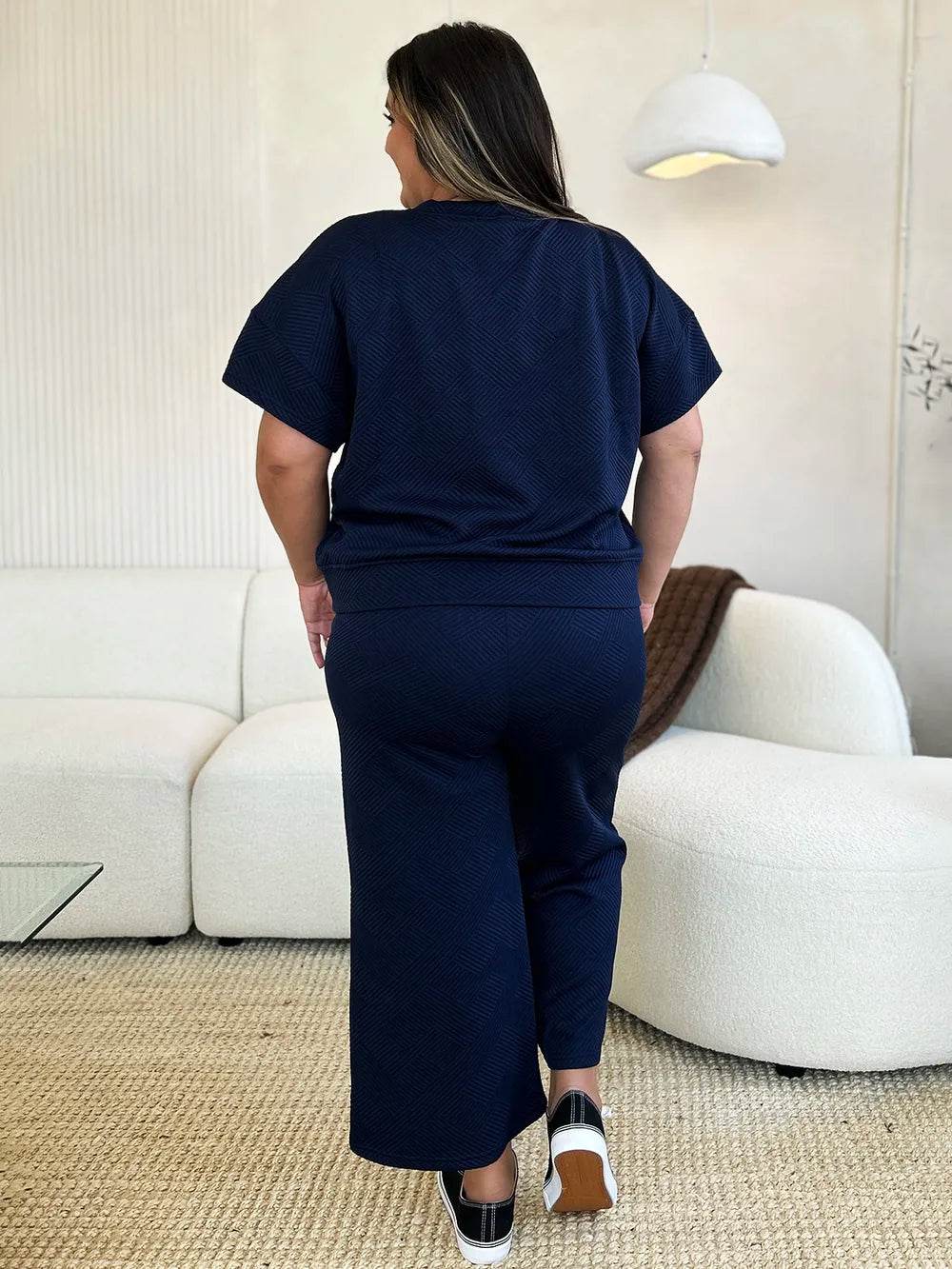 Double Take Full Size Texture Short Sleeve Top and Pants Set - Tredona LLC