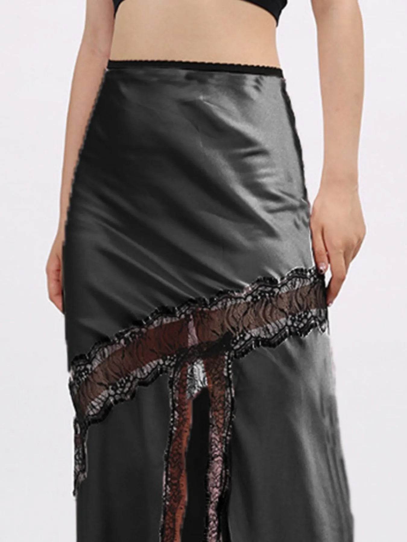 Lace Trim Asymmetrical Midi Skirt - Tredona LLC
