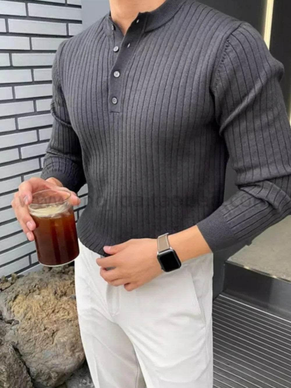 Button Detail Ribbed Long Sleeve Men's Knit Top - Tredona LLC