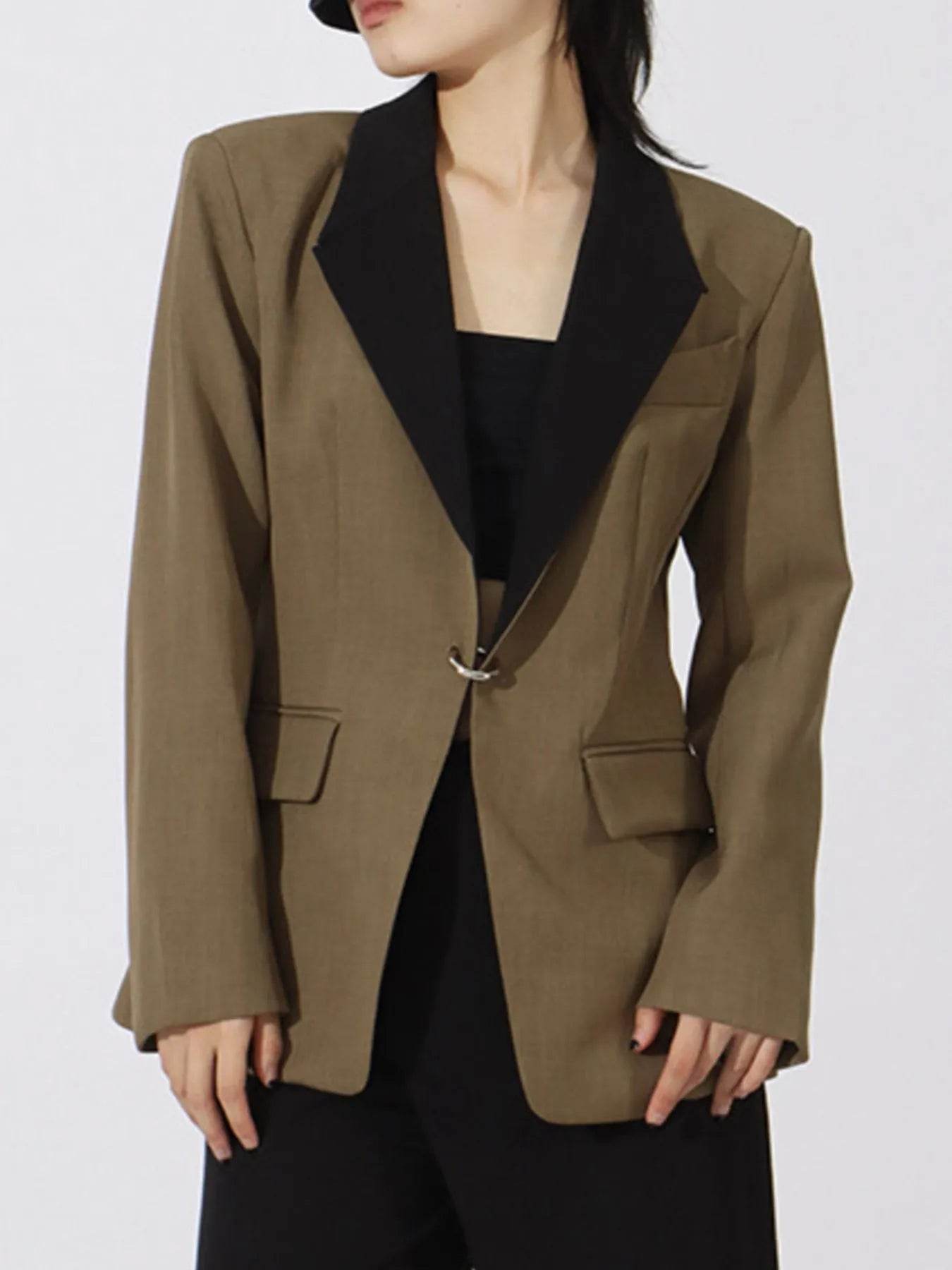 Contrast Lapel Collar Long Sleeve Blazer - Tredona LLC