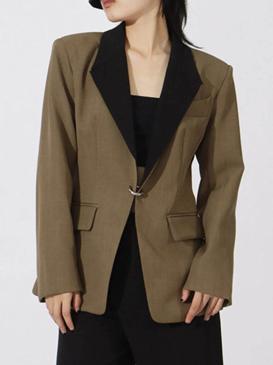 Contrast Lapel Collar Long Sleeve Blazer - Tredona LLC