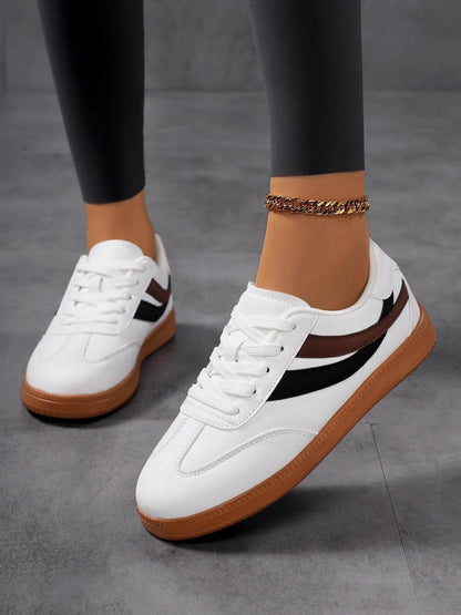 Lace Up Flat Sneakers with Stripe Accent - Tredona LLC