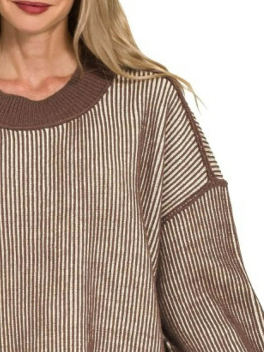 Zenana Exposed Seam Two Tone Ribbed Sweater - Tredona LLC