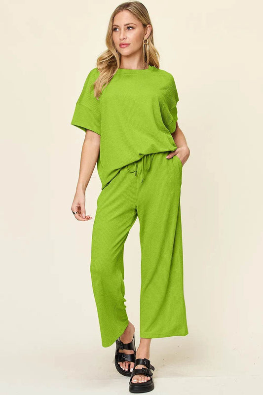 Double Take Full Size Texture Round Neck Short Sleeve T-Shirt and Wide Leg Pants - Tredona LLC