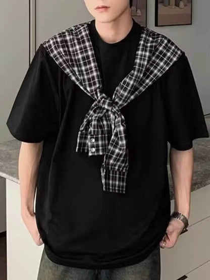 Men's Full Size Oversized T-Shirt with Plaid Shawl Plus Size - Tredona LLC