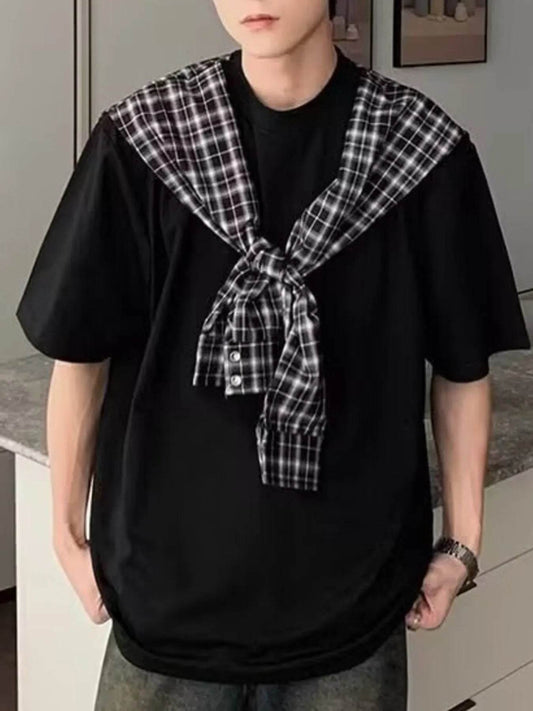 Men's Full Size Oversized T-Shirt with Plaid Shawl Plus Size - Tredona LLC