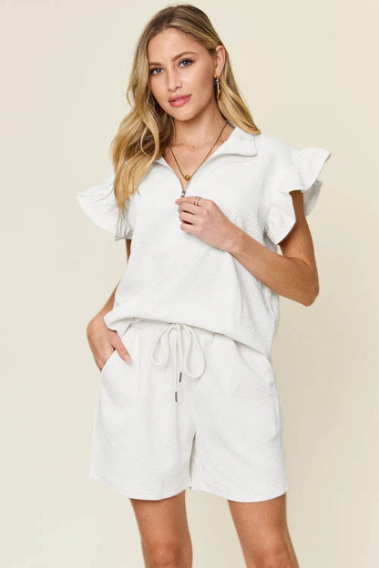 Double Take Full Size Texture Flounce Sleeve Top and Drawstring Shorts Set - Tredona LLC
