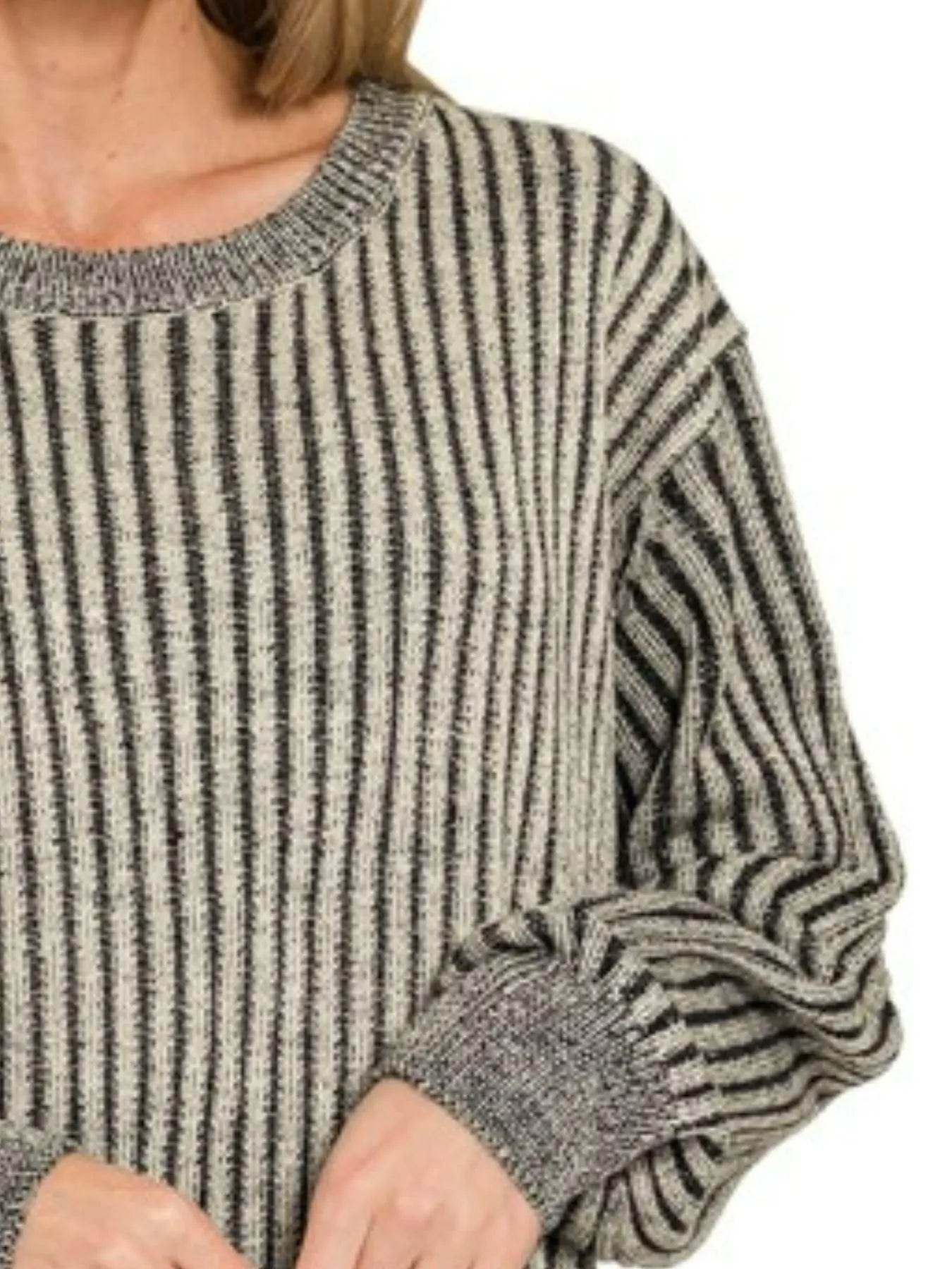 Zenana Curved Hem Two-Tone Ribbed Sweater - Tredona LLC