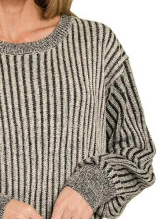 Zenana Curved Hem Two-Tone Ribbed Sweater - Tredona LLC