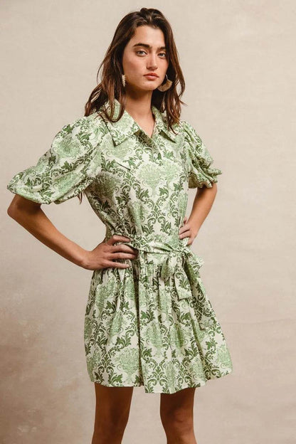 BiBi Tied Floral Short Sleeve Mini Shirt Dress - Tredona LLC