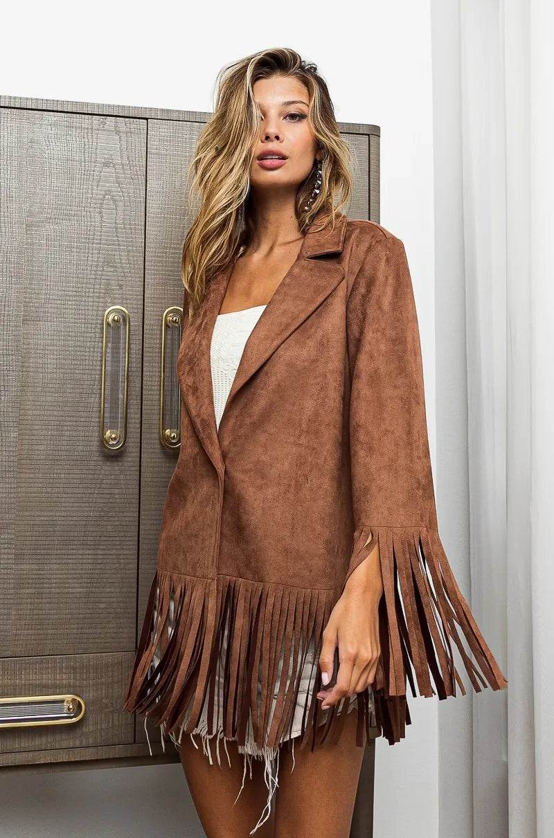 BiBi Single Blazer with Fringed Hem - Tredona LLC