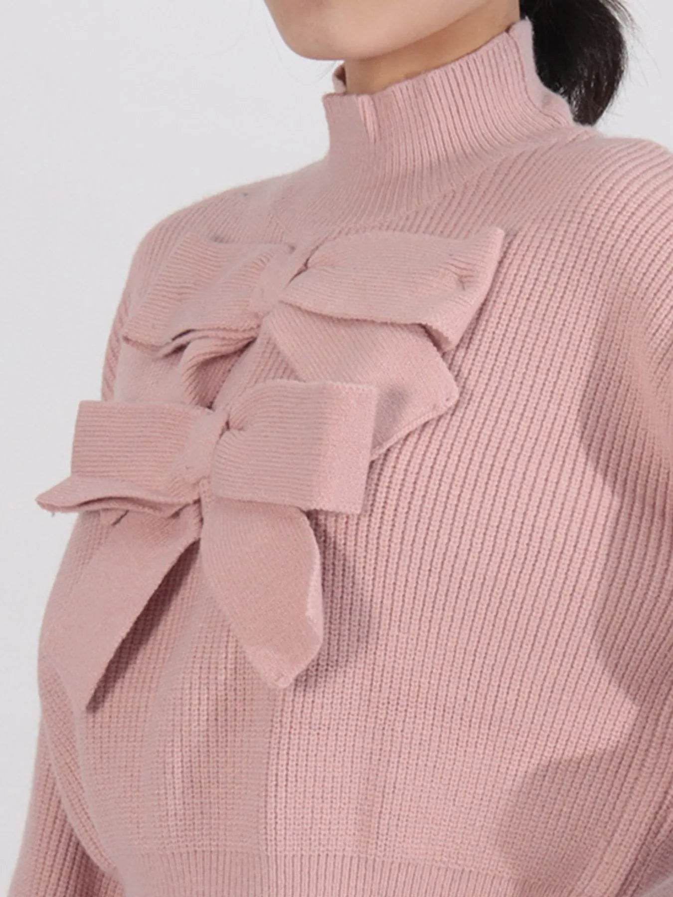 Bow Front Turtleneck Long Sleeve Sweater - Tredona LLC
