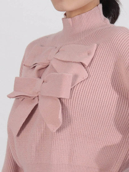 Bow Front Turtleneck Long Sleeve Sweater - Tredona LLC