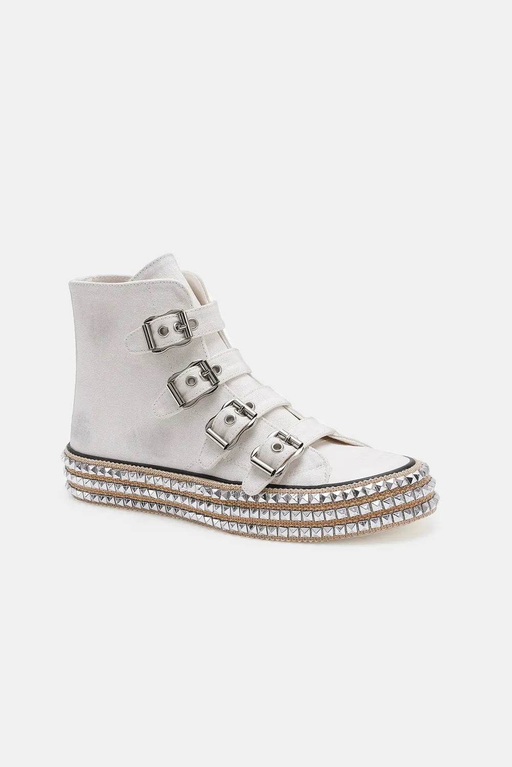 Beast Fashion Multi-Buckle Straps Studded Platform Sneakers - Tredona LLC
