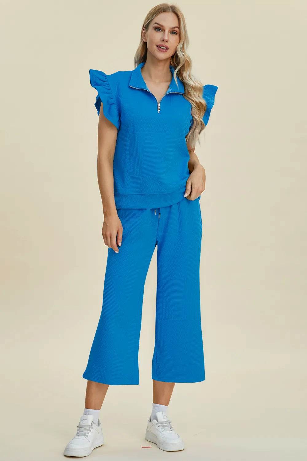 Double Take Full Size Texture Ruffle Short Sleeve Top and Wide Leg Pants Set - Tredona LLC