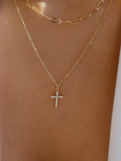 Double Layered Inlaid Zircon Cross Pendant Necklace - Tredona LLC