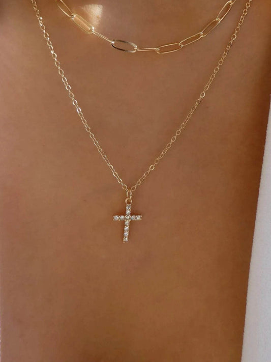 Double Layered Inlaid Zircon Cross Pendant Necklace - Tredona LLC
