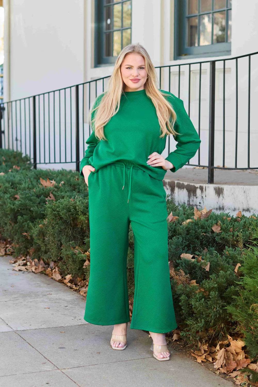 Double Take Full Size Textured Long Sleeve Top and Drawstring Pants Set - Tredona LLC