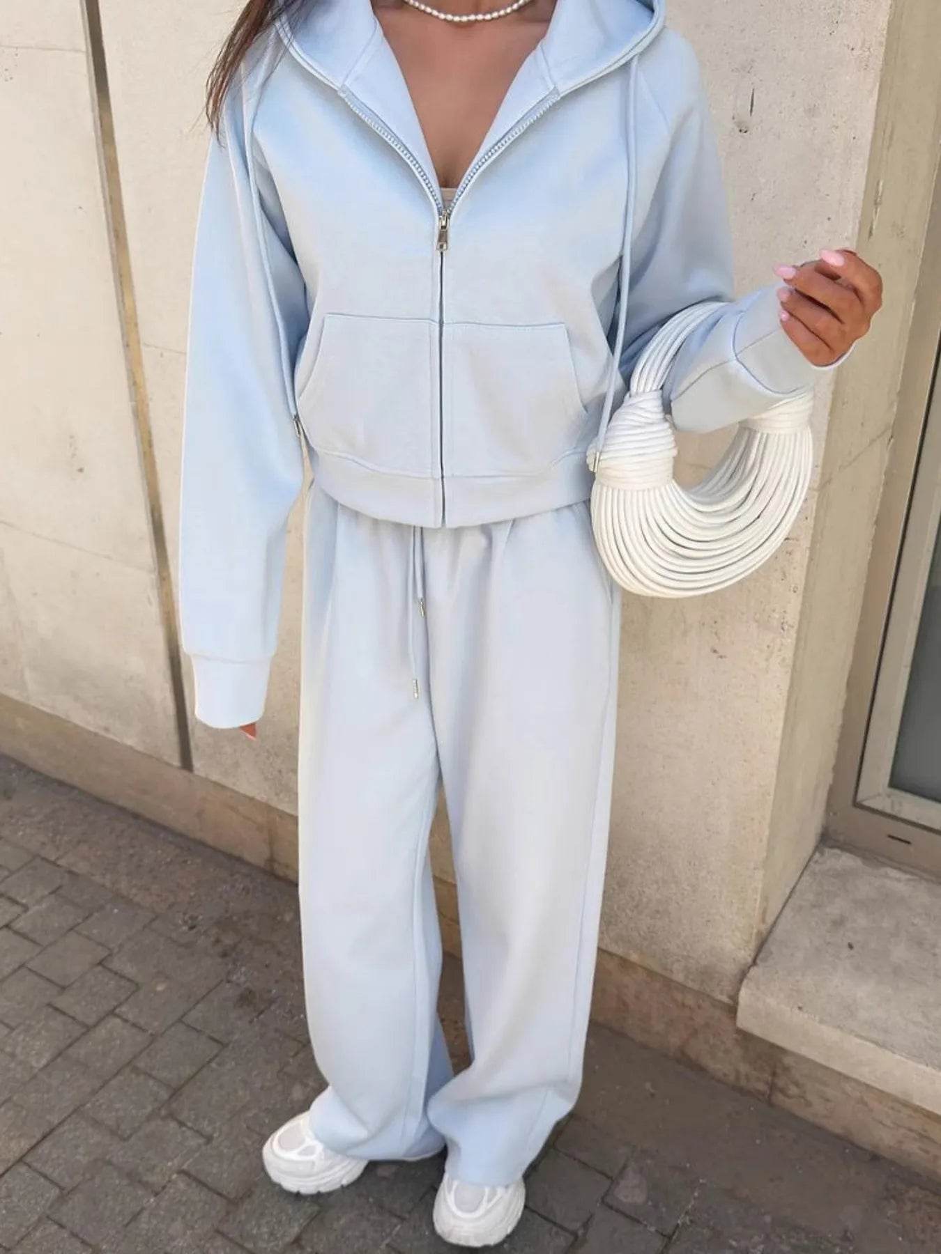 Zip Up Drawstring Hoodie and Pants Set - Tredona LLC