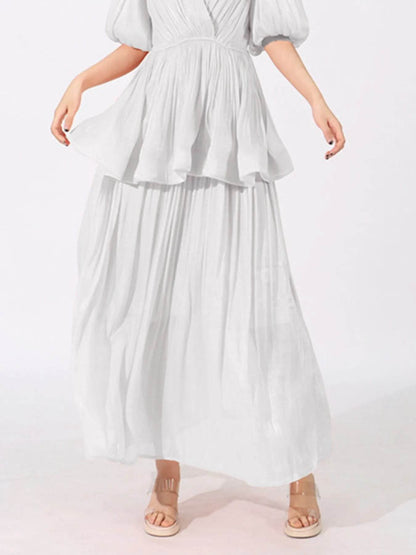 Layered Surplice Puff Sleeve Maxi Dress - Tredona LLC