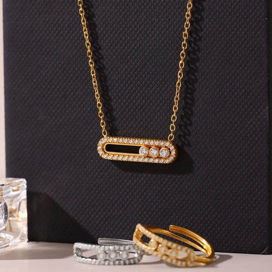 Moving Crystal Bar Necklace and Ring Jewelry Set - Tredona LLC