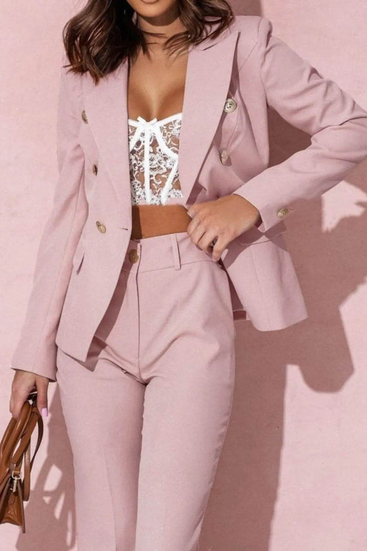 Full Size Lapel Collar Long Sleeve Blazer and Pants Set Plus Size - Tredona LLC