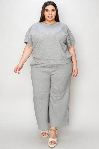 Double Take Full Size Texture Short Sleeve Top and Pants Set - Tredona LLC
