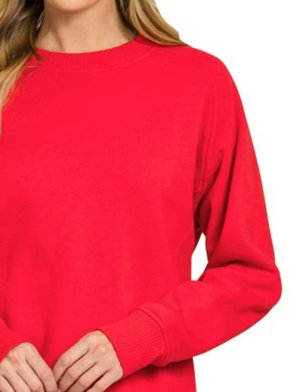 Zenana Fleece Round Neck Ribbed Side Raglan Sweatshirt - Tredona LLC
