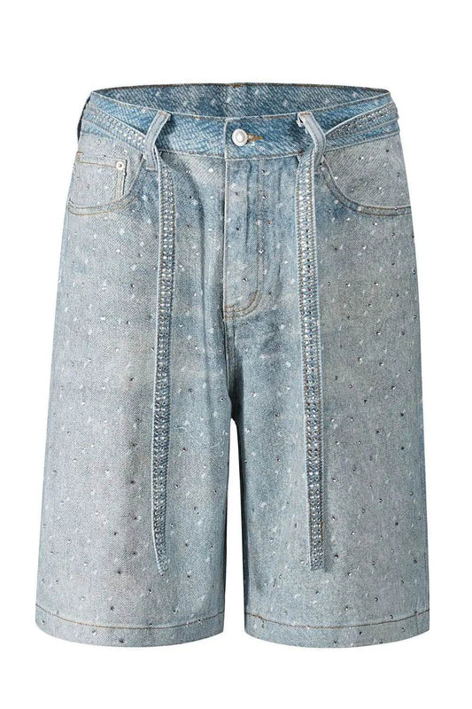 Men's Washed Rhinestone Denim Bermuda Shorts - Tredona LLC