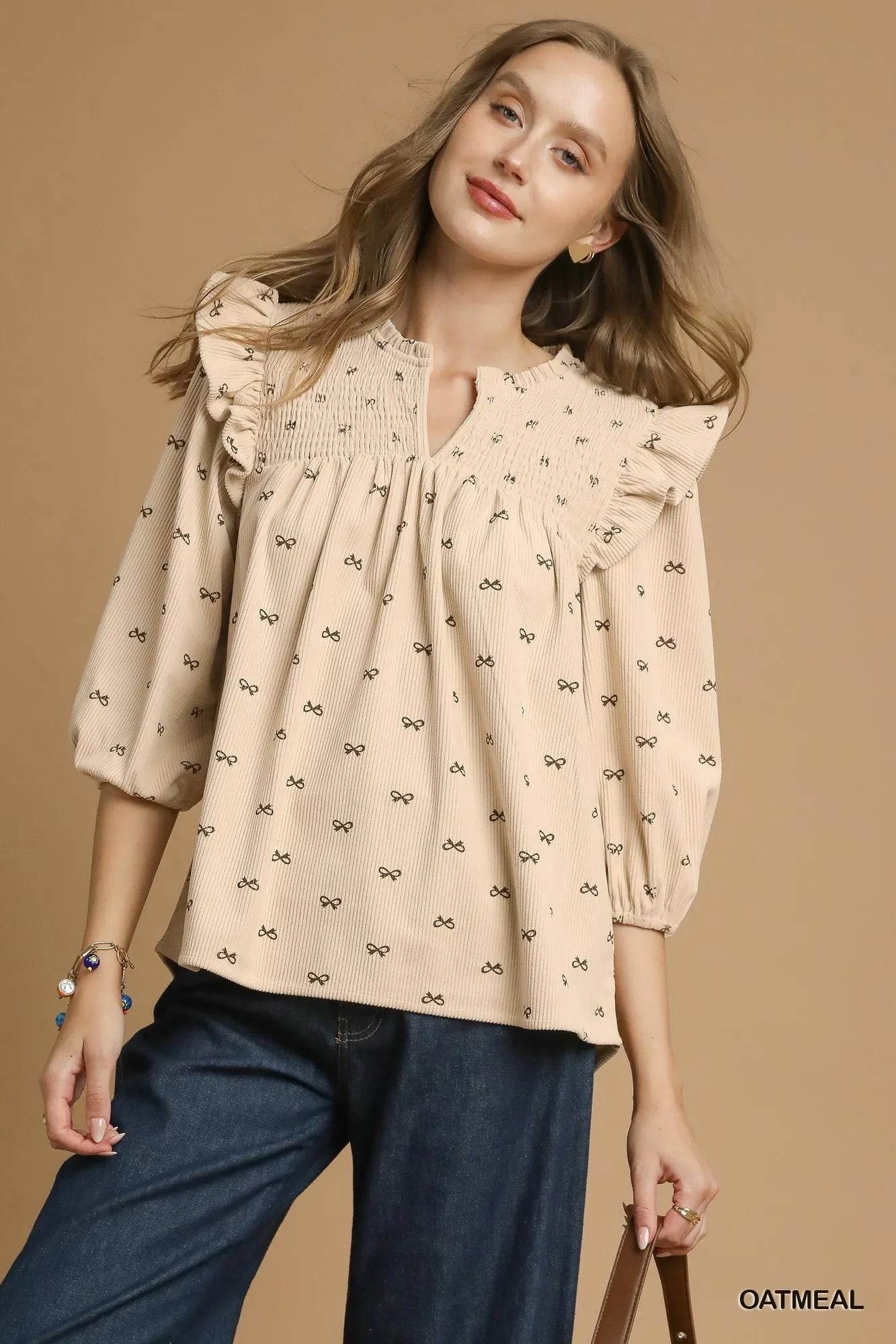 Umgee Bow Print Corduroy Puff Sleeve Blouse with Ruffled - Tredona LLC