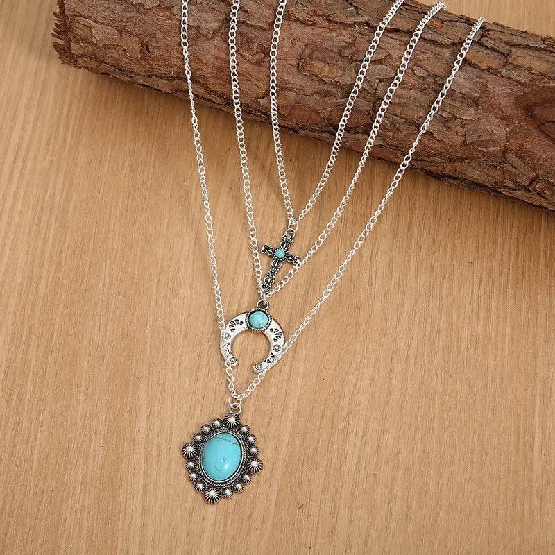 Artificial Turquoise Alloy Three-Layered Necklace - Tredona LLC