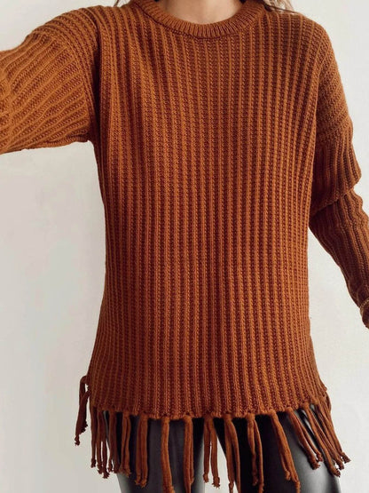 Fringe Round Neck Long Sleeve Sweater - Tredona LLC