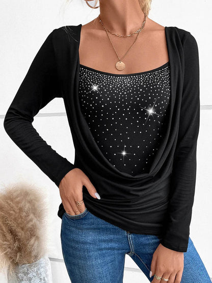 Rhinestone Ruched Long Sleeve T-Shirt - Tredona LLC