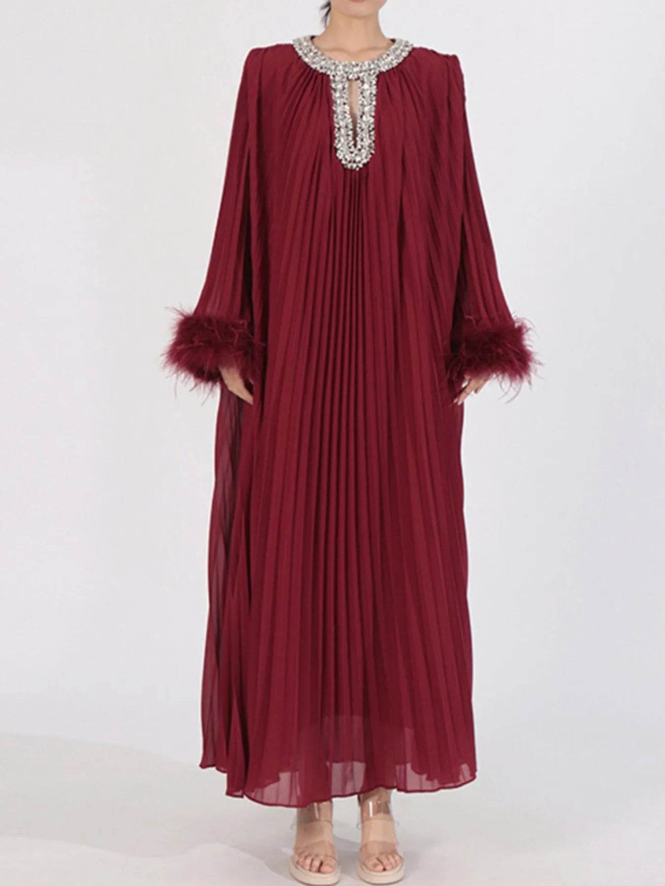 Rhinestone Long Sleeve Maxi Dress - Tredona LLC