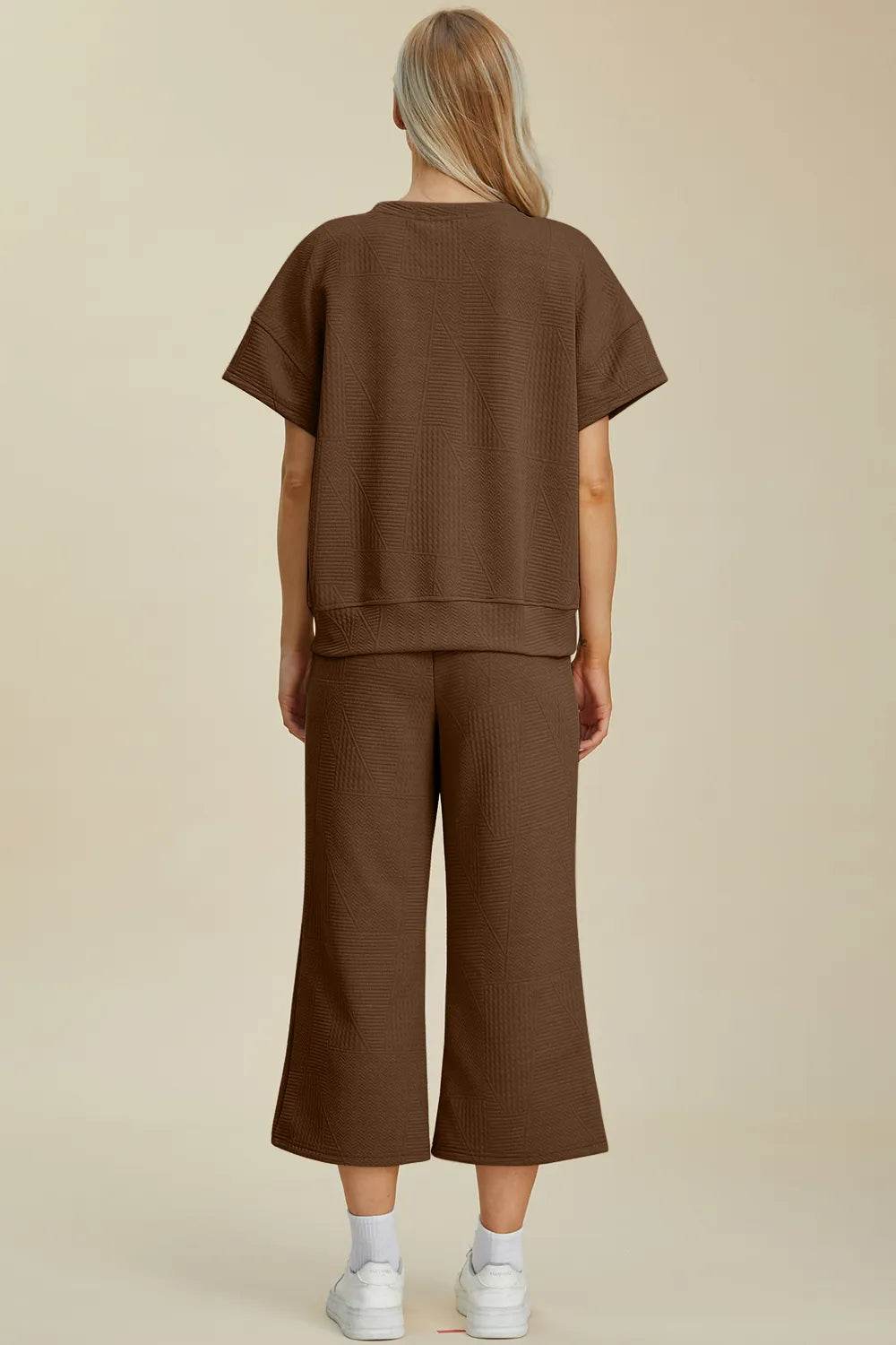 Double Take Full Size Texture Round Neck Top and Pants Set - Tredona LLC