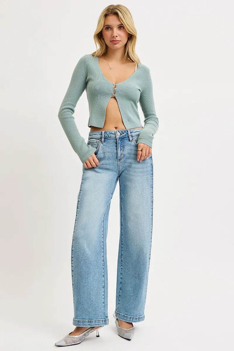RISEN Mid Rise Wide Barrel Transferable Leg Snap Jeans - Tredona LLC