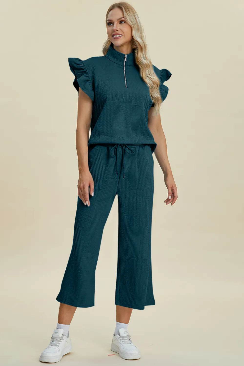 Double Take Full Size Texture Ruffle Short Sleeve Top and Wide Leg Pants Set - Tredona LLC