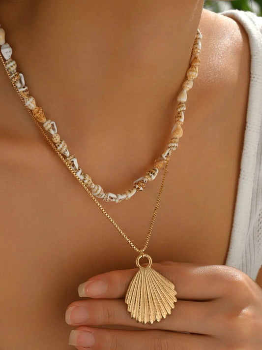 18K Gold-Plated Shell Layered Shell Pendant Necklace - Tredona LLC