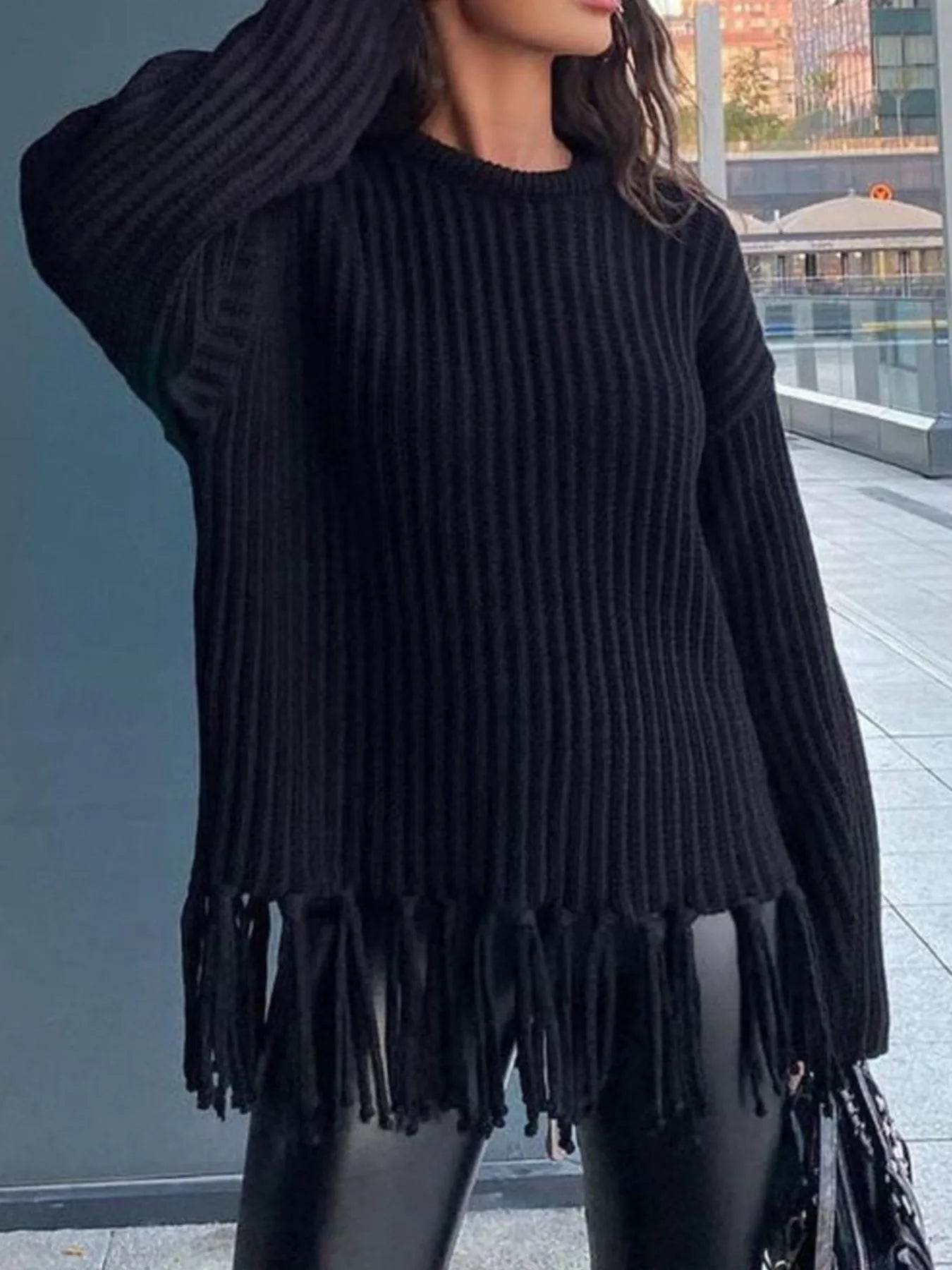 Fringe Round Neck Long Sleeve Sweater - Tredona LLC