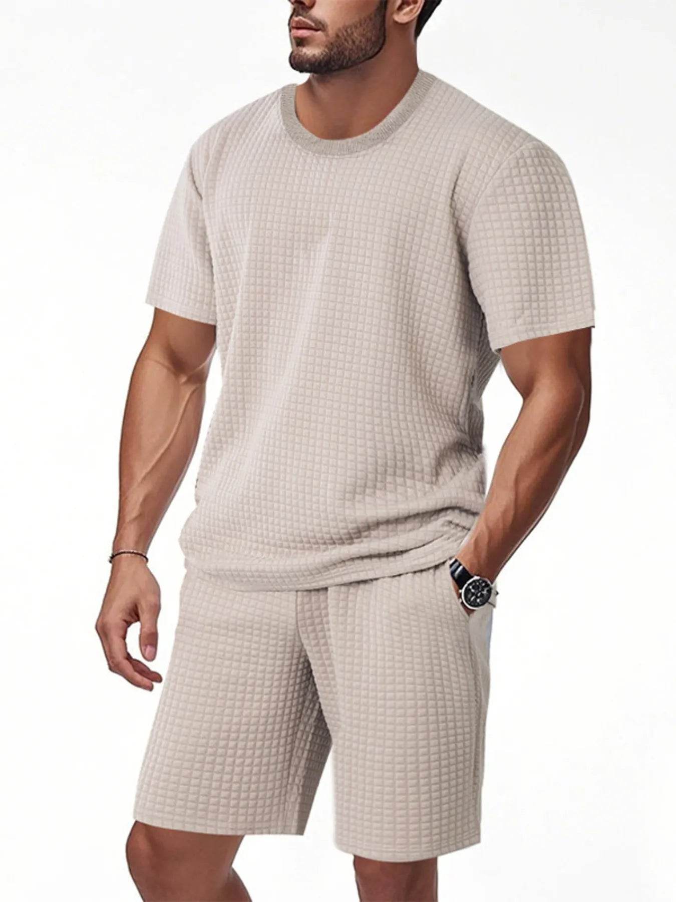 Men's Full Size Textured Round Neck Top and Shorts Set Plus SIze - Tredona LLC