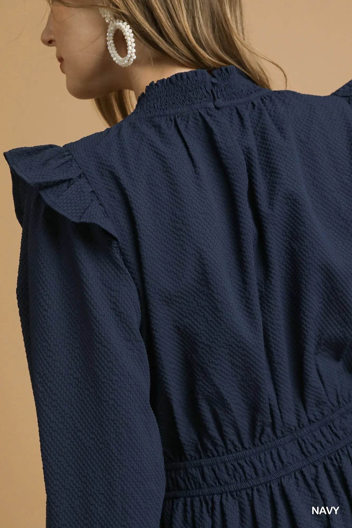 Umgee Textured Midi Dress with Ruffle Shoulder Detail - Tredona LLC