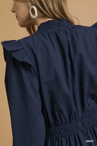 Umgee Textured Midi Dress with Ruffle Shoulder Detail - Tredona LLC