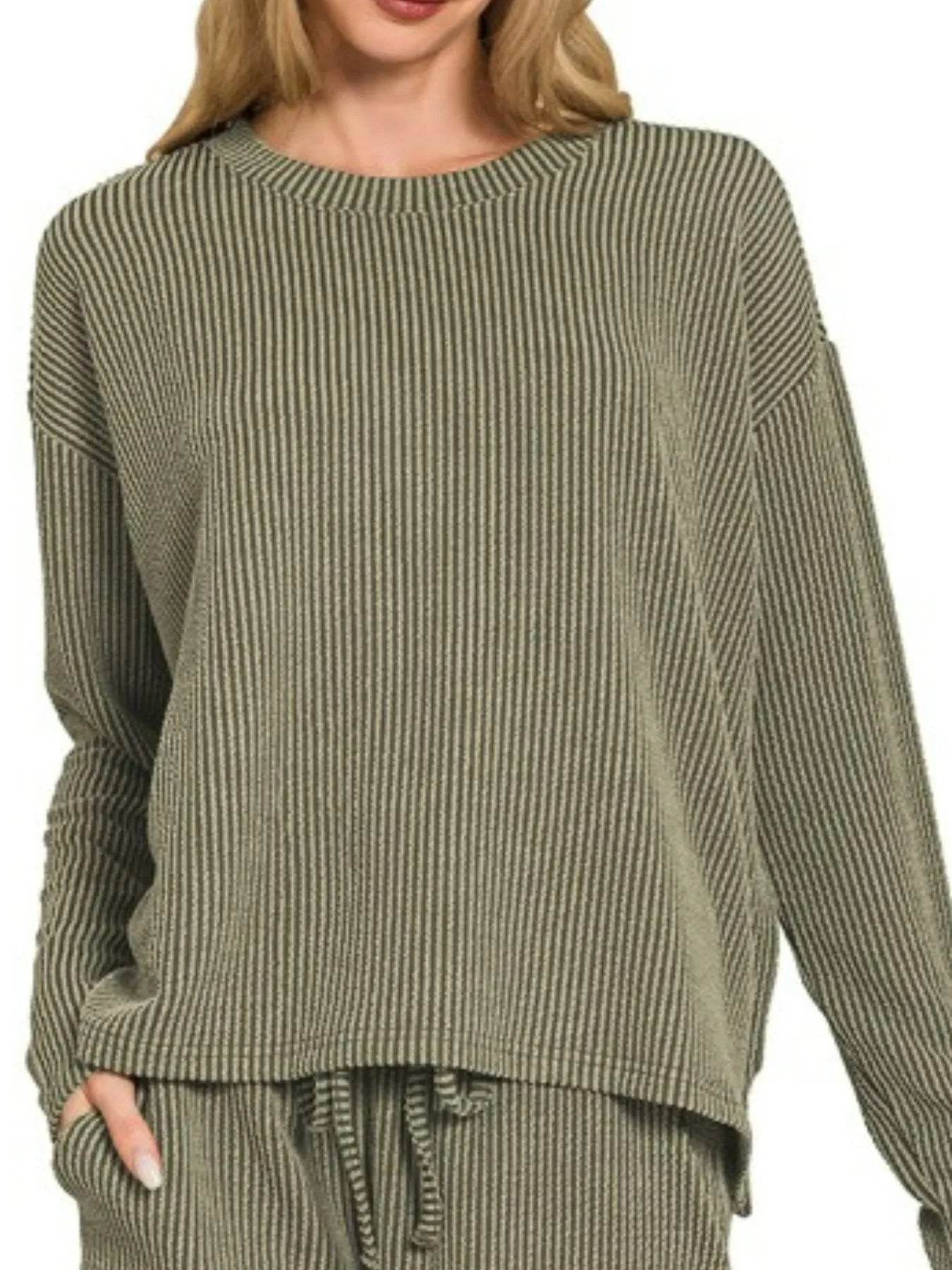Zenana Corded Rib Long Sleeve Tee and Shorts Set - Tredona LLC