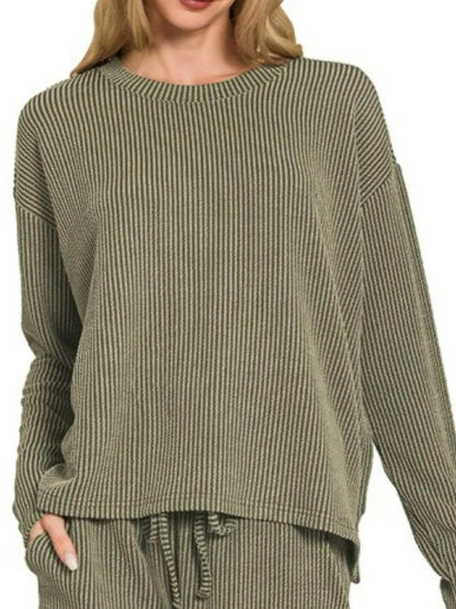 Zenana Corded Rib Long Sleeve Tee and Shorts Set - Tredona LLC