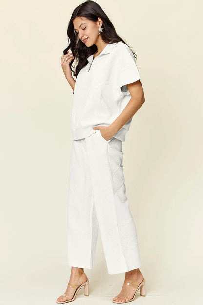 Double Take Full Size Texture Half Zip Short Sleeve Top and Pants Set - Tredona LLC