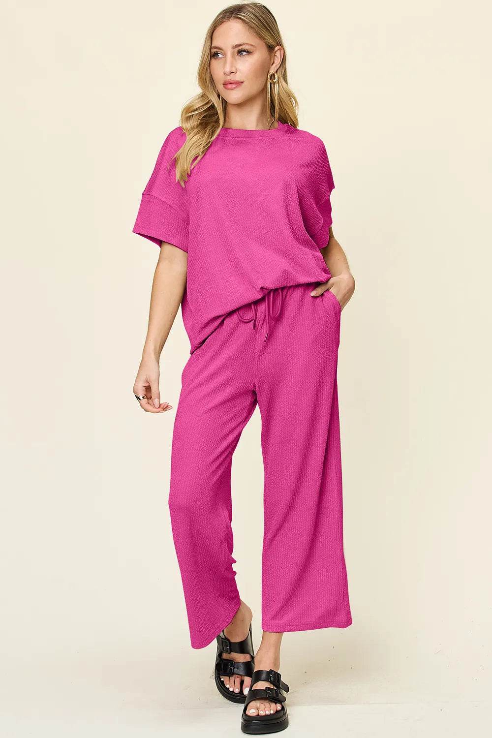 Double Take Full Size Texture Round Neck Short Sleeve T-Shirt and Wide Leg Pants - Tredona LLC