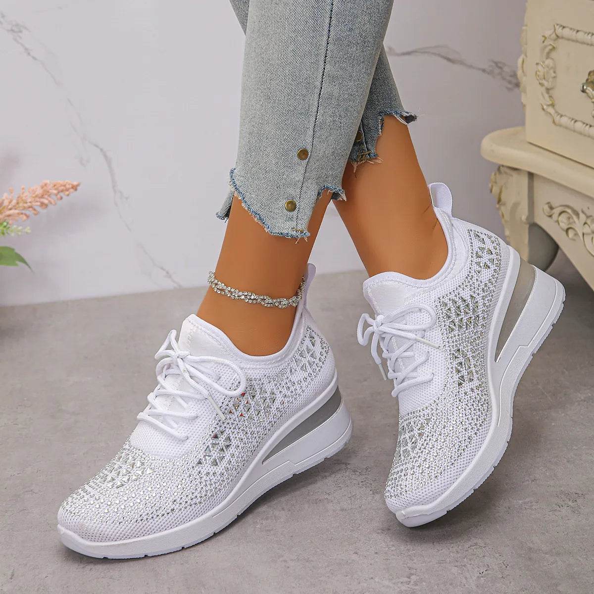 Breathable Mesh Rhinestone Wedge Athletic Sneakers - Tredona LLC