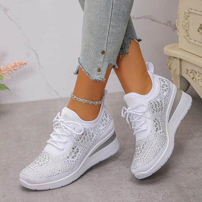 Breathable Mesh Rhinestone Wedge Athletic Sneakers - Tredona LLC